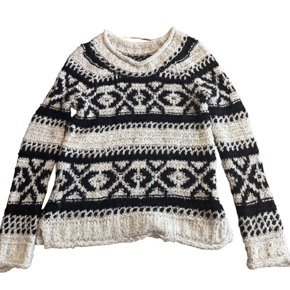 Free People Sweater Size Small Women's Pullover Cream Black Pattern Knit Cozy